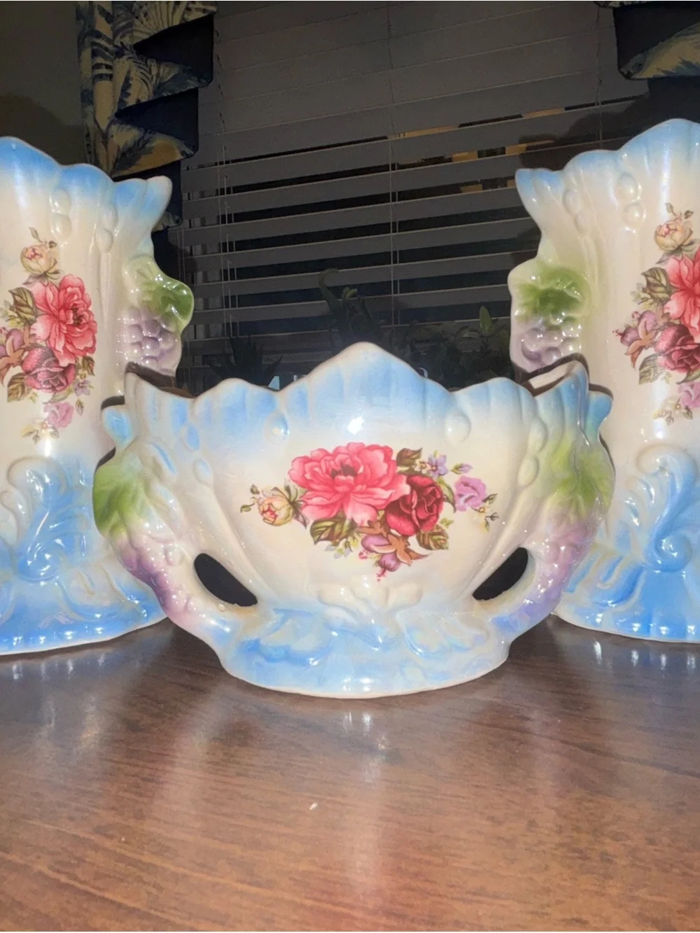Vintage Floral Ceramic Vase and Bowl Set - Blue, Pink & Green